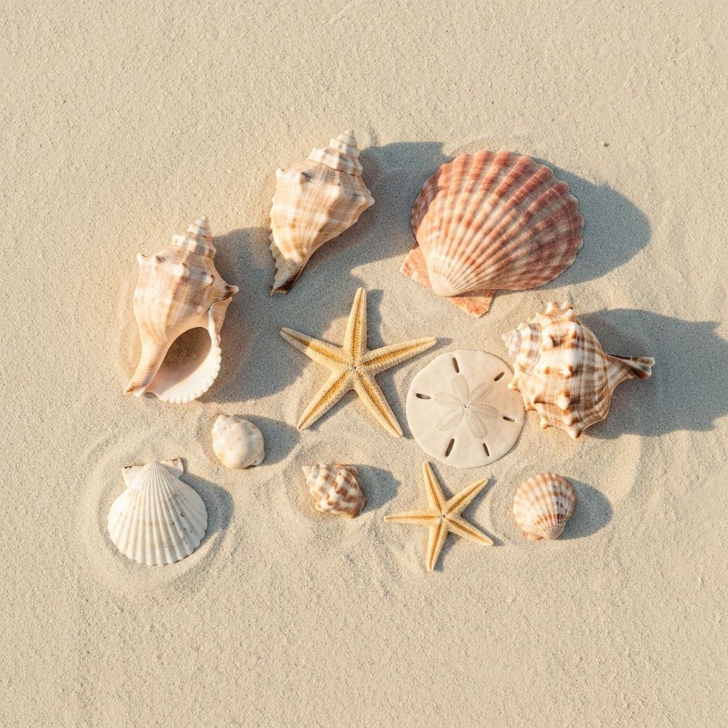 Seashells arranged on white sand